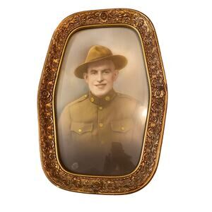 WW1 Soldier Photo in Uniform Gold Hexagon Frame Antique Military Portrait